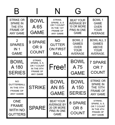 Bowling Bingo (average 51 to 74) Bingo Card