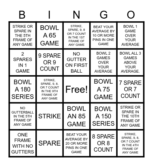 Bowling Bingo (average 51 to 74) Bingo Card