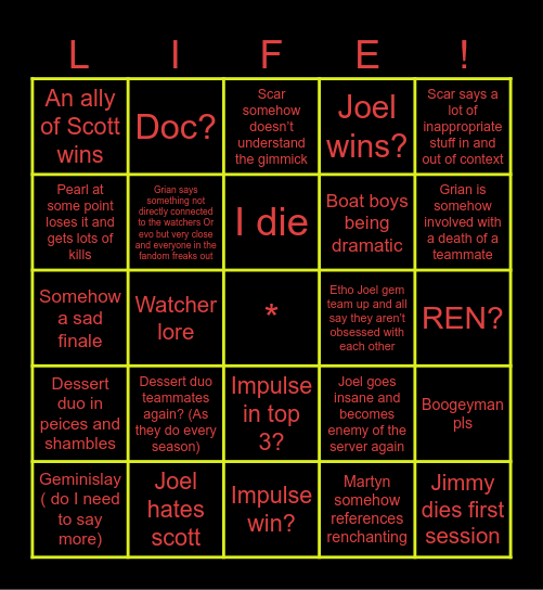 Life series bingo Card