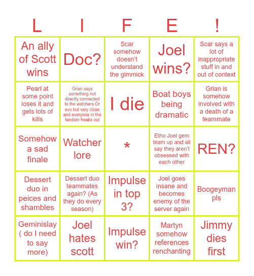 Life series bingo Card