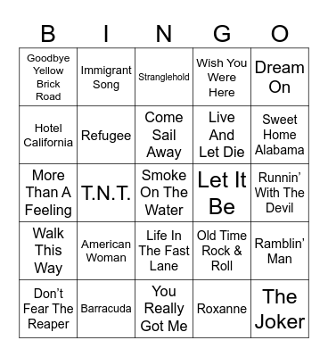 1970s Rock Songs Bingo Card