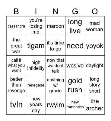 best surprise songs Bingo Card