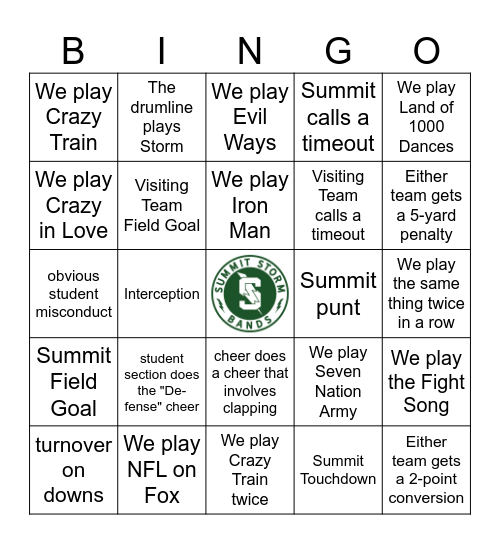 Pep Band Bingo 10/18 Bingo Card