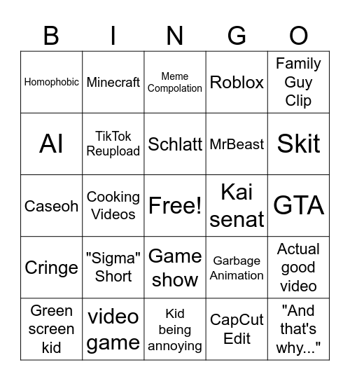 YT Shorts Bingo Card