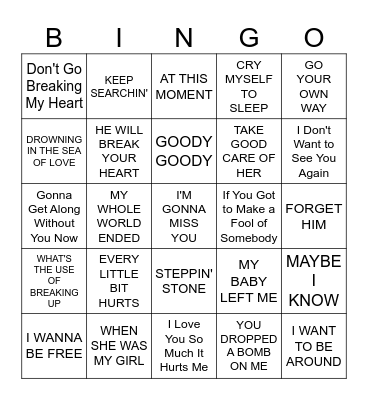 Music Bingo #65  -  BROKEN HEARTS Bingo Card