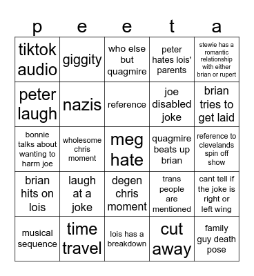 Family Guy Bingo Card