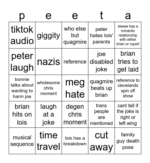 Family Guy Bingo Card