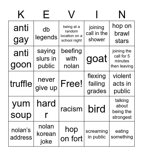 Kevin Bingo Card