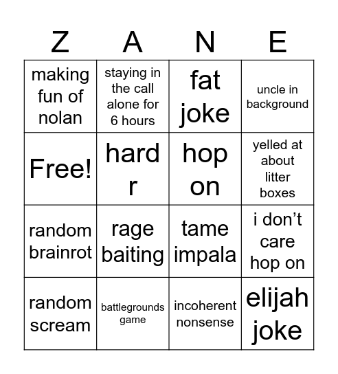 Zane Bingo Card