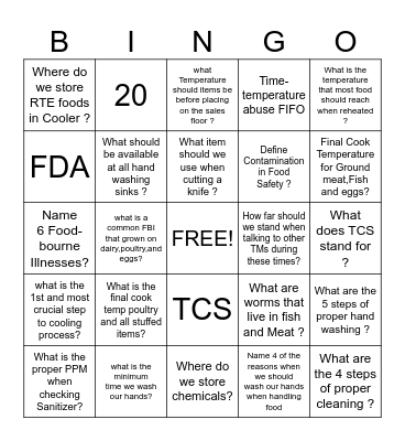 FOOD SAFETY BINGO Card