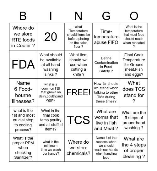 FOOD SAFETY BINGO Card