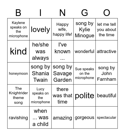 Wedding Speech Bingo Card