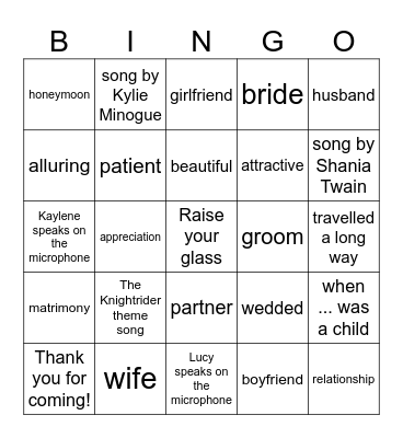 Wedding Speech Bingo 1 Bingo Card