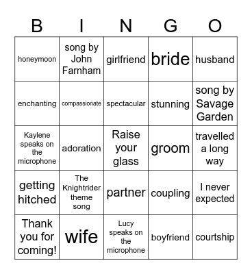 Wedding Speech Bingo 2 Bingo Card