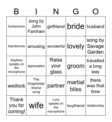 Wedding Speech Bingo 4 Bingo Card