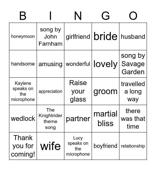 Wedding Speech Bingo 4 Bingo Card