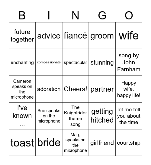 Wedding Speech Bingo 2 Bingo Card
