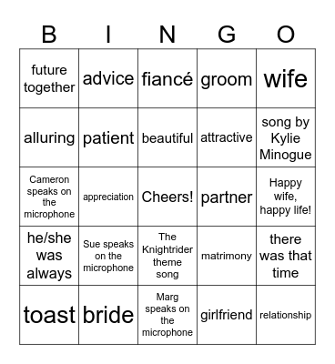 Wedding Speech Bingo 1 Bingo Card