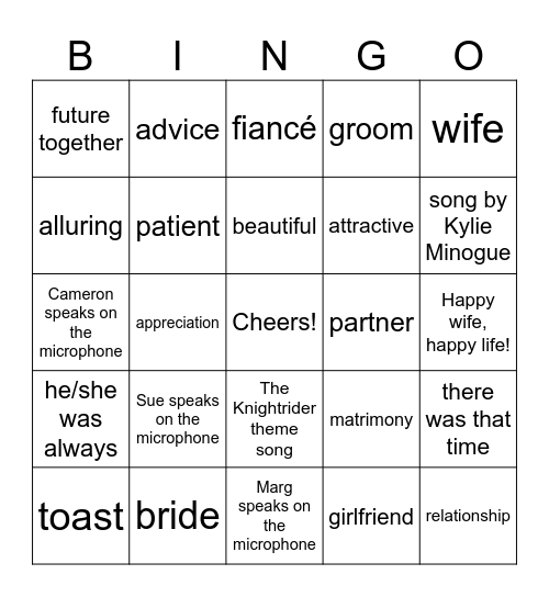 Wedding Speech Bingo 1 Bingo Card