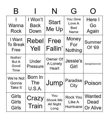 1980s Rock Songs Bingo Card