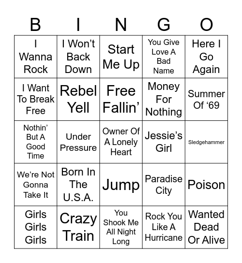 1980s Rock Songs Bingo Card