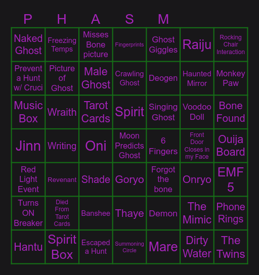 Phasmophobia Bingo Card