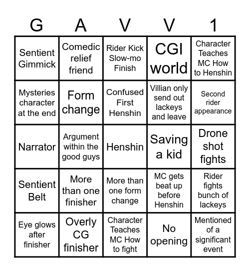 Kamen Rider Gavv Ep.1 Bingo Card