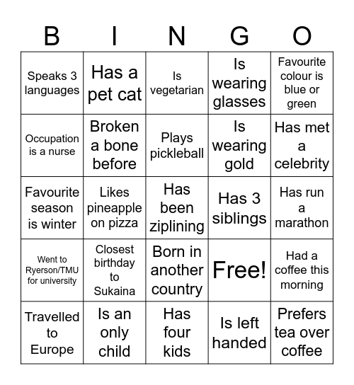 Sukaina's Birthday BINGO Card