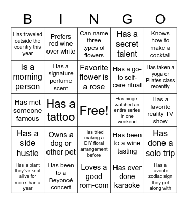Blooms & Booze Icebreaker Bingo Card