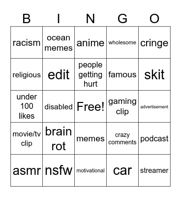 instagram Bingo Card