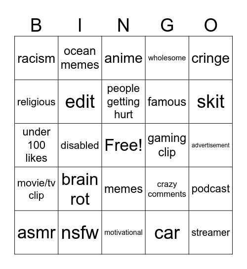 instagram Bingo Card