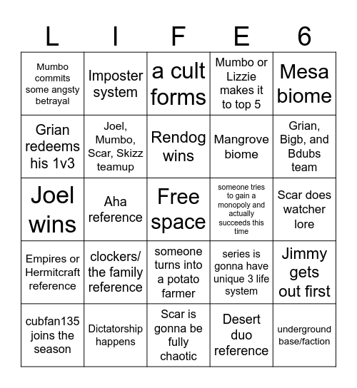 Life Series Season 6 Bingo Guesses Bingo Card