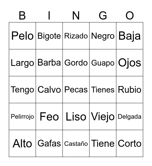 Spanish Physical Description Bingo Card