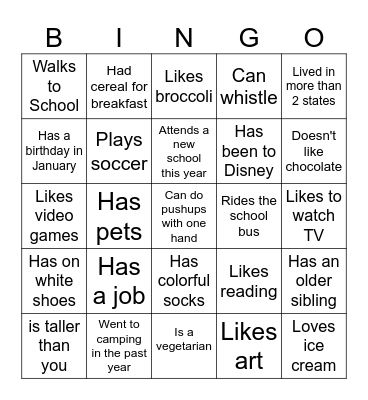 Middle School BINGO: Find someone who... Bingo Card