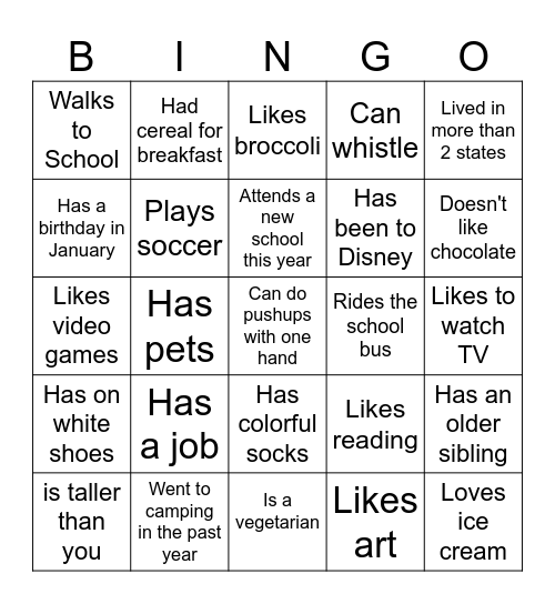 Middle School BINGO: Find someone who... Bingo Card