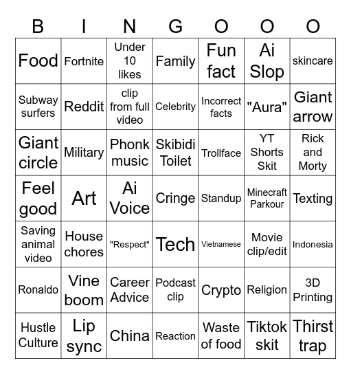 updated yt shorts Bingo Card