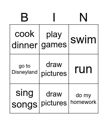 Actions Bingo Card