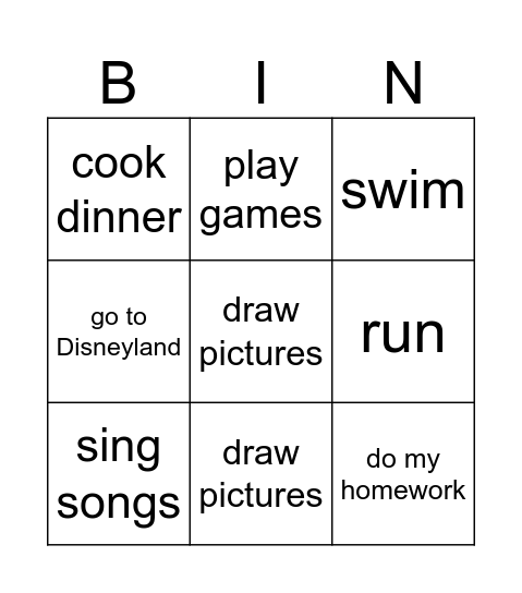 Actions Bingo Card