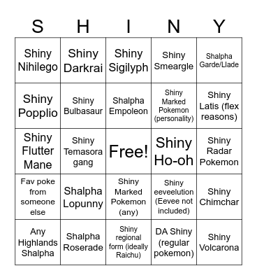 Dream Shinies Bingo Card