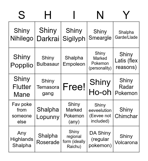 Dream Shinies Bingo Card