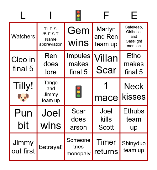 Life Series season 6 Bingo Card