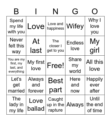 Wedding Songs Bingo Card