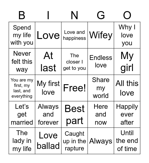 Wedding Songs Bingo Card