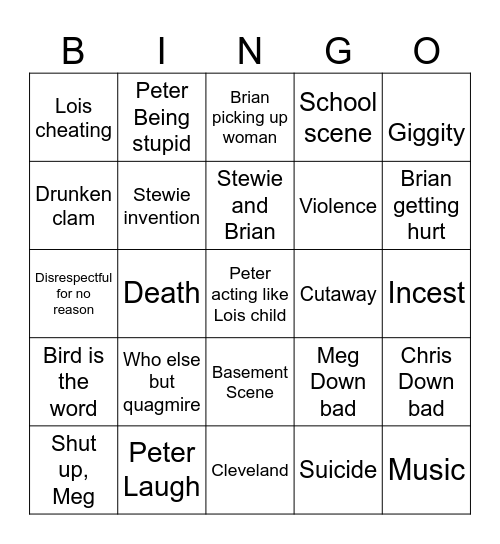 Family Guy Bingo Card