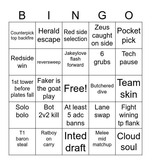 TES VS T1 Bingo Card