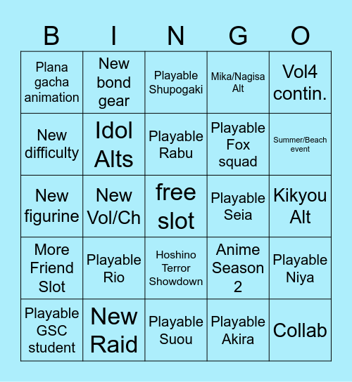 Blue Archive Stream Bingo Card