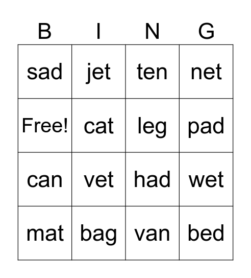 CVC short a and e Bingo Card