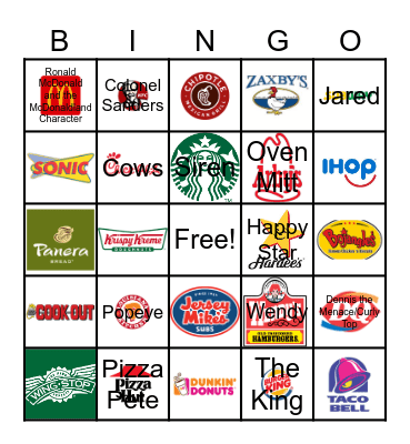 Fast Food Bingo Card