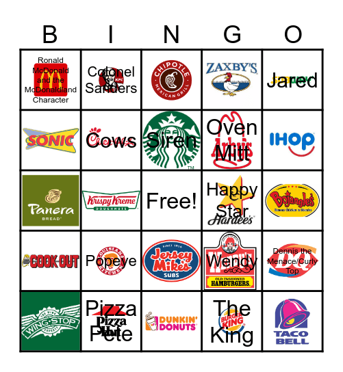 Fast Food Bingo Card