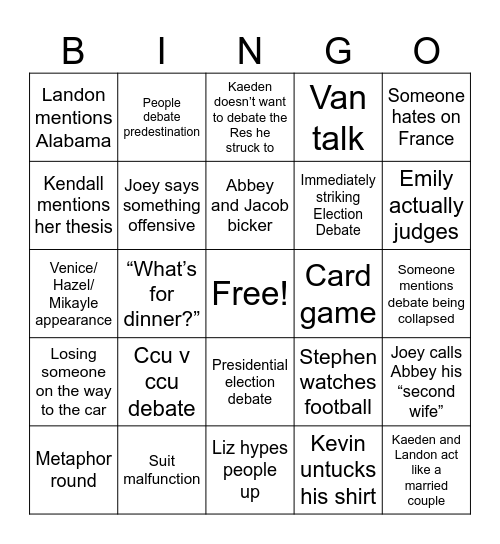 Debate Bingo Card